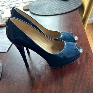 Stuart Weitzman Patent Blue Peep-Toe Heels